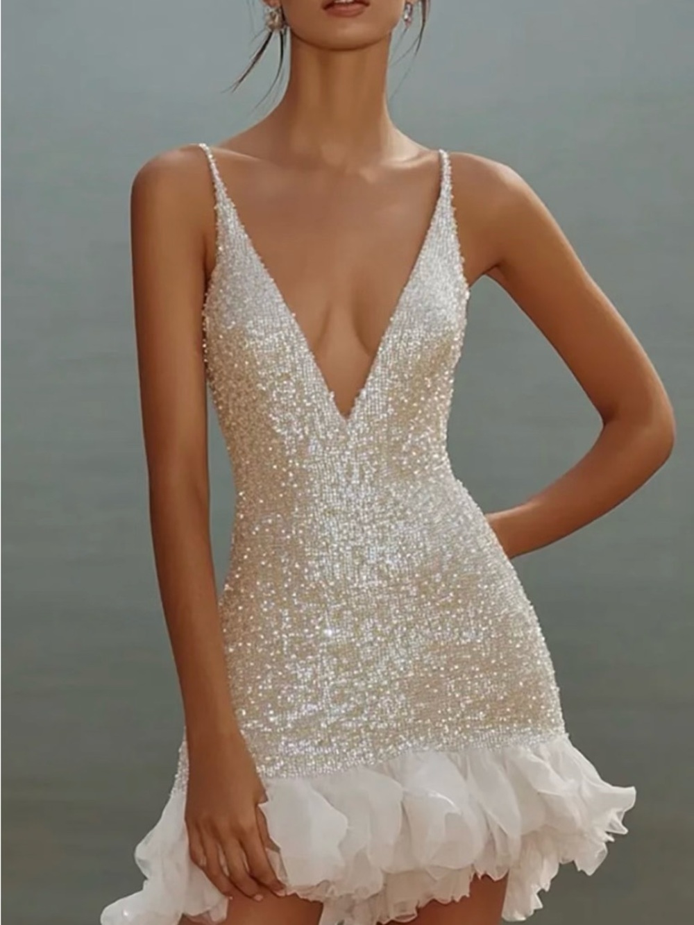 Sparkling Ivory V neck Mini Dress with Ruffle Hem